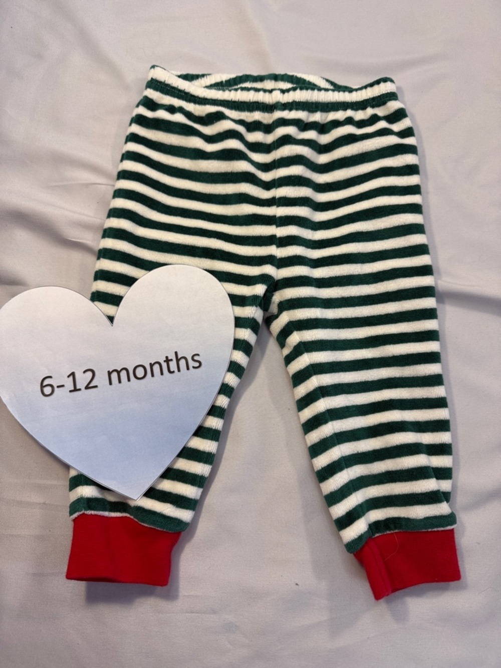 6-12M Striped Velour Green and White Baby Pants with Red Cuffs